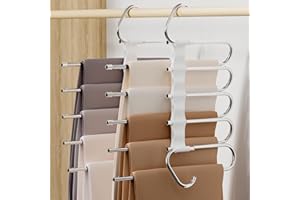 DAMITA Perchas Pantalones Percha Multiple Ahorra Espacio Antideslizantes 2 Piezas 5 en 1 No Instalación Blanco De Acero Inoxidable para Pantalones Bufandas Vaqueros Ropa Perchero Vertikaler