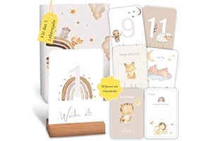 Giftota Meilensteinkarten Baby - 50 Meilensteinkarten inkl. Kartenständer aus Holz - Baby Geschenk für Junge und Mädchen - Boho Stil Meilensteinkarten