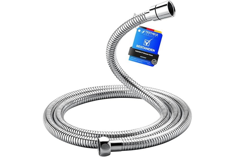 Shower Hose 1.7m, Ibergrif Stainless Steel Shower Pipe, Twist, Kink, Leakproof Universal Standard Fit G1/2 Replacement Hose with Brass Connectors and Washers, Chrome -Silver
