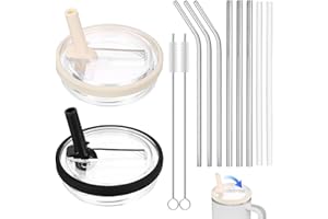 AUKTRANSCELER Pokrywka kompatybilna z Stanley Cup, szczelna, 2 sztuki do słoików o pojemności 100 ml, w zestawie 6 słomek ze stali nierdzewnej, 2 węże + 2 szczotki do czyszczenia, wielokrotnego użytku, uniwersalne