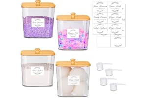 efluky 4 Boîtes à Lessive avec Couvercle en Bambou, Pelles et Étiquettes, Support pour Lessive, Support pour Lessive, Boîtes Transparentes pour Lessive, Poudre et Perles Parfumées