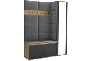 Brent - Garderobenschrank Flur Artisan Eiche Schwarz mit sitzbank 145 cm Breit Luton 7 - Multifunktionale Flurgarderobe Set mit Stauraum und Wandpaneel, Garderobe mit Sitzfläche und Kleiderhaken