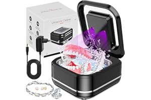 FILEEYN Pulitore Ultrasuoni 48000Hz, 24W Dental Pod per Dentiere | 180ML | Lampada UV | Ultrasonic Cleaner per | Apparecchio Denti | Protesi Dentali | Retainer | Anelli | gioielli | orologi | (Nero)