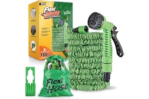 Flexi Hose Expandable Garden Hose - 150FT Heavy Duty Water Hose, Retractable Hose with 3/4-Inch Solid Brass Fittings - Expandable Hose Design & Spray Nozzle Included - Green, 45 Metres