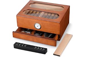 COOL KNIGHT Cigar Humidor with Front Hygrometer, Humidifier and Accessory Drawers-Tempered Glass Top Cigar Humidor Box - Spanish Cedar Humidor-Desktop Humidor That can Hold 20-35 Cigars.