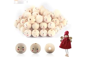 ALAHUGYEF Pack of 70 Natural Wood Beads with Face Wooden Beads for Threading, 20 mm Natural Wooden Beads, Wooden Balls with Face for Macrame DIY Decorations Craft Beads, with 1 x Elastic Crystal Cord