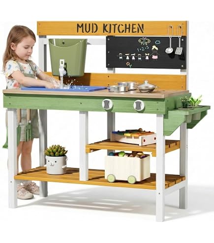 Cuisine Enfant en Bois de Sapin, Cuisine Double Face 2 en 1 avec Auvent, Evier Amovible, Réservoir d'eau et Robinet,pour Enfant 3+ Ans, Bleu et Blanc | Leroy Merlin
