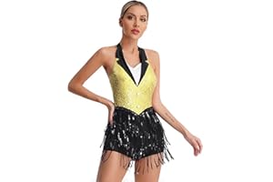 iiniim Women's Shiny Sequins Fringe Jumpsuit Jazz Costume Flowy Tassel Leotard Performance Dancewear