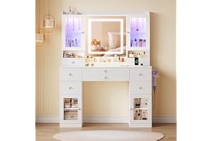Dripex großer Schminktisch mit Beleuchtung und Steckdosen, Schminktisch mit Spiegel und 2 luxuriösen transparenten Vitrinen mit RGB, Vanity Desk Dressing Table fürs Schlafzimmer, weiß