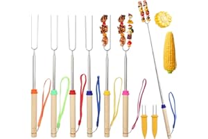 ZERNAVITH 6Pcs Marshmallow Toasting Forks,Extendable Stainless Steel Smores Sticks for BBQ and Campfire,with 2Pcs Corn Needle,Outdoor Campfire Accessories for Roasting Marshmallows and Hot Dogs
