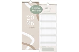 ‎KIND OF HAZEL KIND OF HAZEL® Wandkalender 2026 Familienkalender 3 Spalten Hochformat Ringbindung Familienplaner Paarkalender Monatsübersicht mit Sprüchen Naturtöne Beige