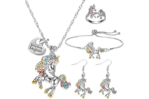 Yaomiao Girls Jewelry Set Unicorn Necklace Bracelet Set with Earrings and Ring Girls Jewelry Set for Little Girl with Present Box Valentines Birthday Gift for Daughter Granddaughter Niece