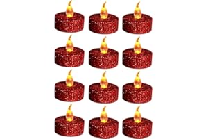 wisdom line Candele LED Scaldapiatti Scintillanti, Rosso Glitter 8 Pezzi, con Timer, Batteria CR2032 Inclusa, 1.4x1.4 Pollice per Natale, Feste (Oro rosso)