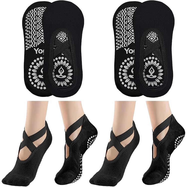 3 Paires Chaussettes Yoga Antidérapantes Avec Bretelles – Grip Complet Pilates, Barre, Ballet & Fitness (Taille Unique)