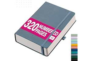 RETTACY A5 Bullet Dot Grid - Dotted Notebook with 320 Numbered Thick Journal Leather Hardcover 100gsm Paper Pen Holder, Inner Pocket, 2 Free Journal Stencils 14.5 x 21cm - GBlue