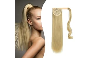 Inscca Rajout Cheveux Extension 22# Blond Doré Clair Postiche Queue de Cheval Lisse Droit Wrap Around Synthetique Fausse Long 60 cm Faux Ponytail pour Femme Ruban Adhésif Fake Hair