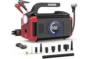 ACEZUK Arrancador Portátil con Compresor de Aire, 8000A Arrancador de Coches, 150PSI Bomba de Inflado y Desinflado, 11 en 1 Jump Starter (Todo Gasolina/12L Diésel), LED de 400 Lúmenes