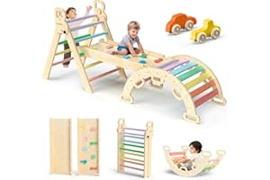 BlueWood Triangle Set 7-en-1 Jouet d’Escalade Pliable en Bois Montessori avec Arche, Rampe et Échelle – Aire de Jeux Intérieure pour Tout-Petits - Arc-en-Ciel