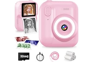 Kinderkamera Sofortbildkamera, 1080P Sofortbildkamera Kinder mit 32GB Karte & 3 Rollen Druckpapier, 2,4" Bildschirm Digitalkamera Kinder, Geburtstagsgeschenk Weihnachten Geschenke für 3-12 Jahren