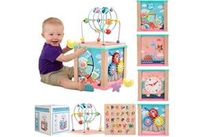 Hojalis Cubo di Abilità Motorie in Legno,Cubo Multiattività Legno 6 in 1, Giochi Montessori 1 anno Labirinto di Perline, Giochi Educativi, Giocattoli di apprendimento Montessori per Bambini 1 2 3 Anno