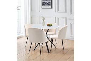 Hallowood Furniture Cullompton Small Round Dining Table and Chairs Set 4, White Marble Effect Top Dining Table (90cm) & Curved-Back Beige Fabric Chairs, Dining Room Set