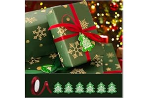 ZY-HUAN Papier d'emballage de Noël 70x50cm, Papier Cadeaux de Noel Recyclable avec Ruban et Etiquettes pour décoration de fête (Petit vert)