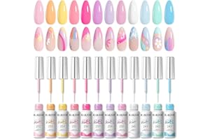 RARJSM Nail Art Gel Liner Gel Nail Polish Set 12 Pastel Colors Collection Creamy Yellow Green Pink Purple White Blue 5ml UV LED Cured Nail Design Painting Striper Thin Brush for Summer Home Salon