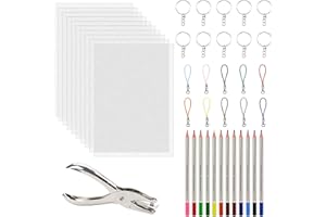 YUEYUAN 43 Pezzi Fogli di Plastica Termoretraibile：12 matite colorate +10 fogli termoretraibile trasparente +10 portachiavi+10 Cordino+perforatore Set di pellicole termoretraibili per per Artigianato Creativo