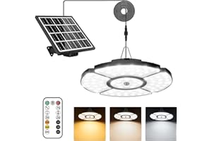 MEIKEE Luz Solar Colgante Exterior, 76 LEDs Lámpara Solar con Sensor de Movimiento, con Control Remote RF, IP65, Luz Regulable 2500-6500K, 6 Brillo, Temporizador, Función de Memoria, Cable 5 m
