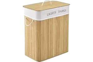 Juskys Cesto para la ropa de bambú rizado 100 litros en color natural - Cubo para la ropa con tapa, asa y 2 compartimentos - Bolsa para la ropa de tela, extraíble y lavable Cesto para colada