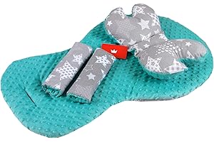 BABYLUX Kinderwagen SITZAUFLAGE Kissen Gurtschoner f. Buggy Autoschale Einlage (1. Minze + Dino, 3 Tlg Sitzauflage + Kissen + Gurtpolster)