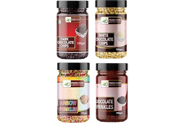 Prizex Combo of Dark & White Chocolate Chipps, Rainbow Sprinkles, Brown Sprinkles 400g (Pack of 4 * 100g Each)