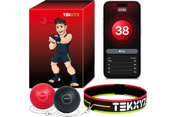 TEKXYZ® Balle de réflexe avec app de comptage et communauté en Ligne, 2 Niveaux, Balle de Boxe avec Bandeau, pour entraîner réaction, agilité, Vitesse de Frappe et Coordination œil-Main