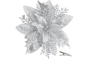 MIKAILE 20 Pezzi Fiori per Albero di Natale con Clip, Fiori Artificiali Natalizi per Decorazioni con Glitter, Fiori di Natale Poinsettia per Decorazioni Natalizie Ghirlanda (Argento)