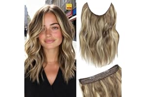 NEXYSHE Invisible Wire Hair Extension Light Ash Brown with Highlights Hair Extensions Clip in 12 inch Wavy Hair Pieces for Women Friendly Synthetic Hair Extensions for Wedding
