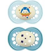 MAM Latex Pacifier for Babies +16 Months, Bright Blue, 2 pcs | Made of Natural Rubber Latex, Glow in the Dark, Symmetrical, F
