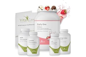 ‎VITACARE VitaCare 21-Tage Stoffwechsel-Kur Erdbeere, 6-teiliges Komplettpaket für HCG-Diät mit Proteinshake, MSM, Multivitamin Complex, Omega 3 plus & OPC