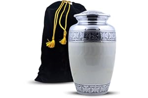 Hind Handicrafts Silver Engraved Cremation Urn for Adults, Handmade Aluminium Urn in Pearl White, Solid Pattern, 7"L x 7"W x 10.5"H, 220 cubic inches