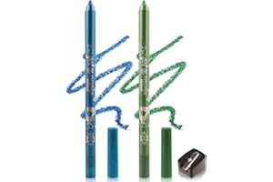 LESTPOLA 2Pcs Crayon Gel Yeux Pailleté Bleu Vert, Métallique Brillant Eye Liner avec Taille-Crayo, Eyeliner Waterproof et Longue Tenue, Anti-Salissures, Très Pigmenté Set de Maquillage pour Party Cosplay-07+08