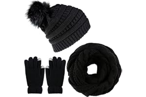 CheChury Mujer Gorras Bufanda de punto Invierno Set Sombreros Pompón Suave y Cálida Cálido Ski Calentador de Cuello Moda Guantes de Pantalla Táctil para Hombre