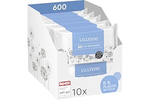 ‎LILLYDOO LILLYDOO Baby Feuchttücher mit 99% Wasser, 600 Stück (10 x 60), 100% plastikfreies Tuch, ohne Parfüme & mild wie Watte und Wasser