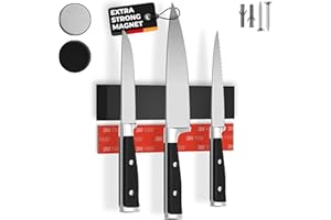 CUCINO Porte-couteau magnétique de cuisine avec aimant extra-fort - Installation facile avec ruban adhésif 3M, Aimant à couteau mural noir - 25cm