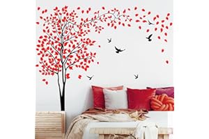 Decvictor Adesivi Murali Albero Rosso Fantasia Adesivi da Parete Uccelli Grande Albero Adesivo Muro Decorativo per Soggiorno Camera Letto Corridoio Divano TV Sfondo Muro (W205 * H153 cm)