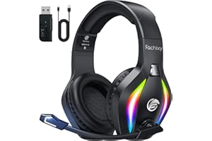 Fachixy FC-100 Casque de jeu Bluetooth sans fil 2,4 G avec microphone pour PS5, PS4, PC, Switch, Mac, son surround avec réduction du bruit avec lumière LED, plus de 50 heures d'autonomie