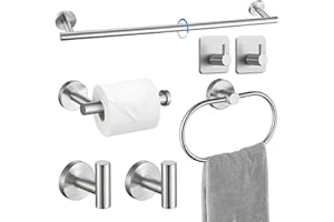 LAIMEW 7-Piece Bathroom Accessories Set, Silver Towel Rail Bathroom Hardware Set, SUS304 Stainless Steel Bathroom Accessory Includes Silver Towel Rail, Toilet Roll Holder, Towel Ring, and Wall Hooks
