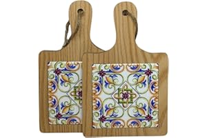 ChicHouse Set 2pcs mini taglieri da cucina in legno con manico ideali per piccoli antipasti, formaggi, salumi o come salva superfici e sottopentola. (2, Verde e Blu, Quadrato 19.6 x 12.3 x 1 cm)