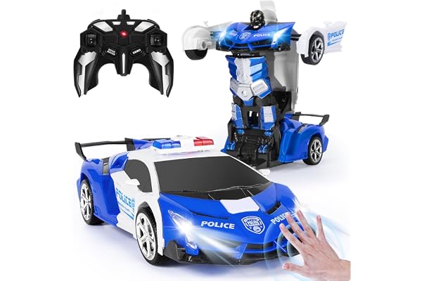 Yellcetoy Transform Jouets, Transformable Voiture Télécommandée Police avec Gestes de la Main, Lumière Clignotante Batteries Musique et Effet Sonore, Voiture Robot Cadeau pour Enfants Garcon 3-10 Ans