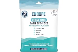 Endure Rinse Free Bath Shower Sponge - Body Wash Wipes for Bathing - Perfect for Camping, Festivals, Gym and Travel - Dry Sponge Wipes with Gentle Cleansing Soap. Just add Water (25 Per Pack).