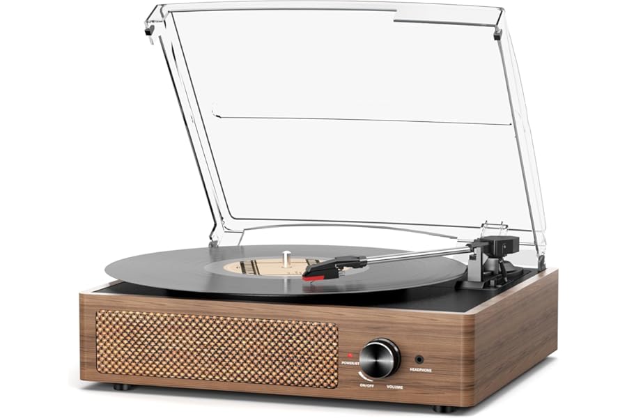 Record Player for Vinyl with 2 build-in Speakers LP Vinyl Players Belt-Driven Vintage Turntables 3 Speed 3 Size, Wireless Bluetooth Playback, AUX-in, RCA out, Headphone, Auto Stop Wood