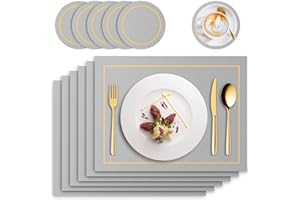 Heat Resistant Dining Table Mats Mivcinn Placemats and Coasters Set of 6 PU Leather Grey Table Mats for Dining Table Kitchen Party 41cmx31cm